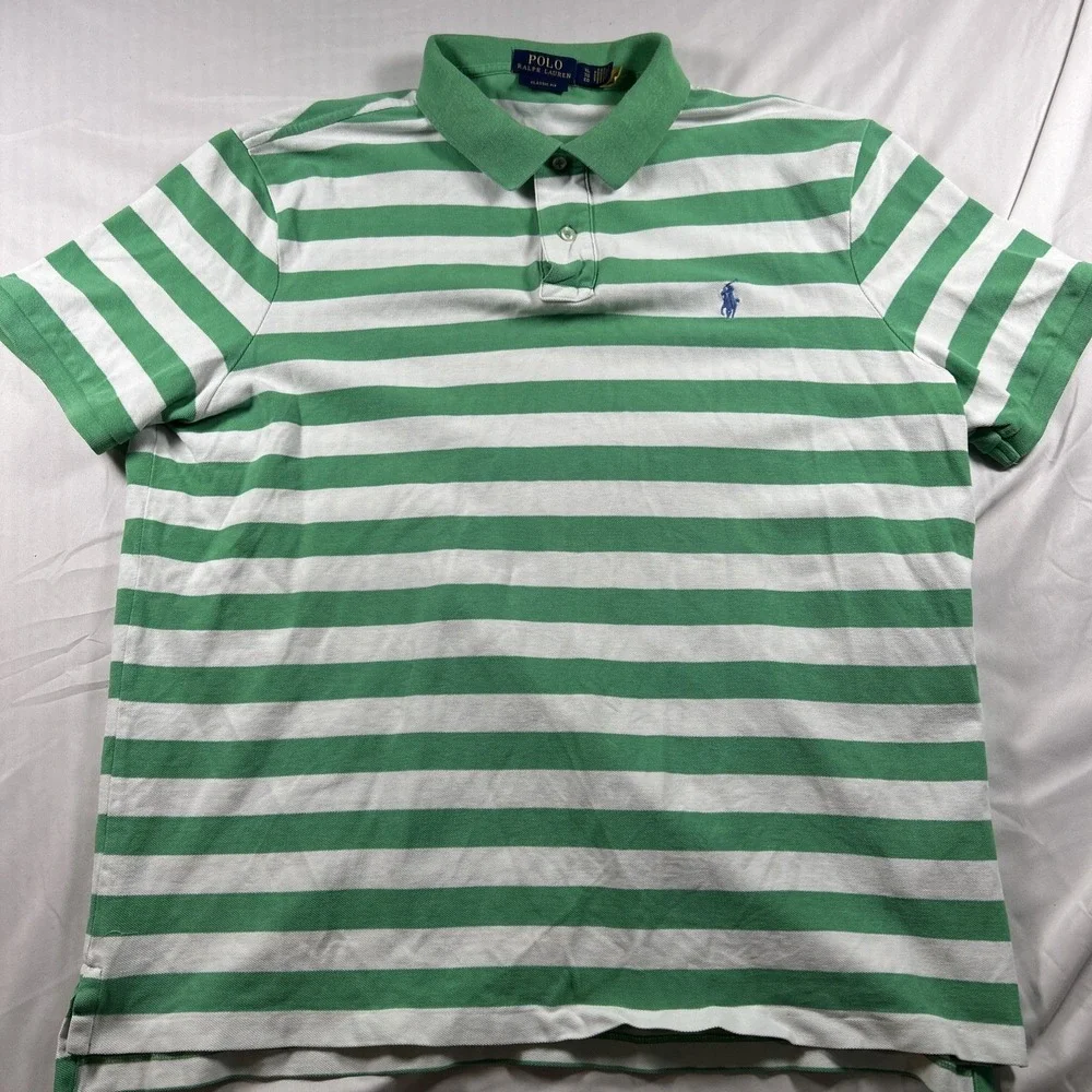 Polo Ralph Lauren Shirt Men’s Size XL White Green Striped Classic Fit Rugby Polo